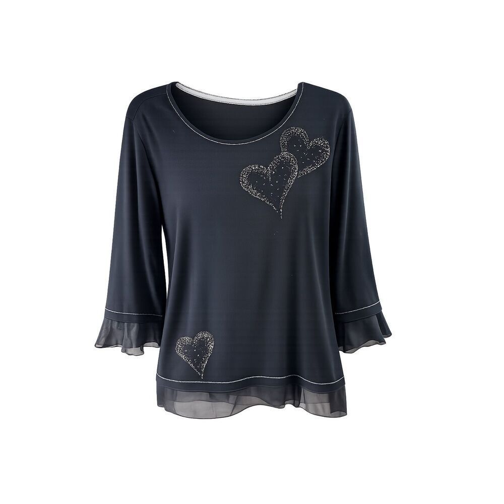 Alfred Dunner Large Black Heart Rhinestone Blouse Sheer Hem Dressy Glam Top
